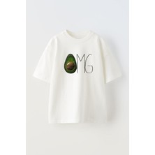 Nmg Tekstil Beyaz Oversize Pamuk Avakado Omg Baskılı Örme T-Shirt