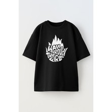 Nmg Tekstil Siyah Oversize Pamuk Walk Throw Baskılı Örme T-Shirt