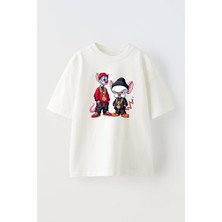 Nmg Tekstil Beyaz Oversize Pamuk Çizgi Karakterler Baskılı Örme T-Shirt