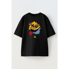 Nmg Tekstil Siyah Oversize Pamuk Renkli Xo Boya Baskılı Örme T-Shirt