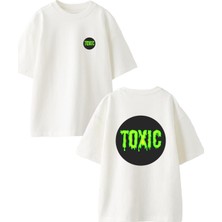 Nmg Tekstil Beyaz Oversize Pamuk Toxic Kontorlu Ön Arka Baskılı Örme T-Shirt