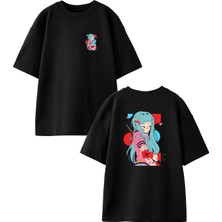 Nmg Tekstil Siyah Oversize Pamuk Mavi Saçlı Anime Kız Ön Arka Baskılı Örme T-Shirt