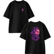 Nmg Tekstil Siyah Oversize Pamuk Zeus Renkli Ön Arka Baskılı Örme T-Shirt
