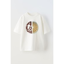 Nmg Tekstil Beyaz Oversize Pamuk Aloha Baskılı Örme T-Shirt