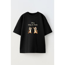 Nmg Tekstil Siyah Oversize Pamuk Chip And Dale Baskılı Örme T-Shirt