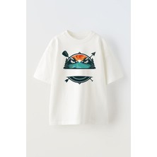 Nmg Tekstil Beyaz Oversize Pamuk Kamp Dağ Ok Baskılı Örme T-Shirt