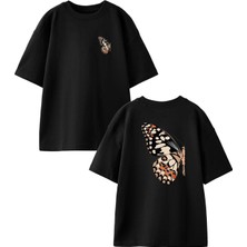 Nmg Tekstil Siyah Oversize Pamuk Yarım Kelebek Ön Arka Baskılı Örme T-Shirt