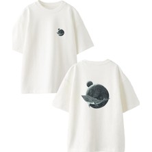 Nmg Tekstil Beyaz Oversize Pamuk Dünya Balina Ön Arka Baskılı Örme T-Shirt