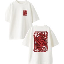 Nmg Tekstil Beyaz Oversize Pamuk Kırmızı Şeytanlar Ön Arka Baskılı Örme T-Shirt