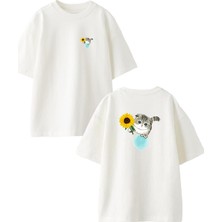 Nmg Tekstil Beyaz Oversize Pamuk Ayçiçekli Kedicik Ön Arka Baskılı Örme T-Shirt