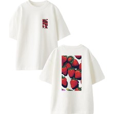 Nmg Tekstil Beyaz Oversize Pamuk Çilekler Ön Arka Baskılı Örme T-Shirt
