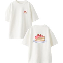 Nmg Tekstil Beyaz Oversize Pamuk Çilekli Pasta Ön Arka Baskılı Örme T-Shirt