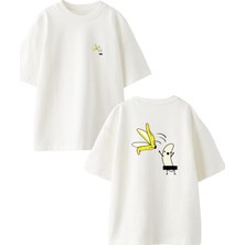 Nmg Tekstil Beyaz Oversize Pamuk Muz Kabuğu Ön Arka Baskılı Örme T-Shirt