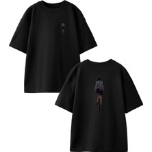 Nmg Tekstil Siyah Oversize Pamuk Bisikletli Kız Ön Arka Baskılı Örme T-Shirt