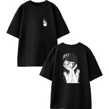 Nmg Tekstil Siyah Oversize Pamuk Düşünen Çok Gözlü Cadı Ön Arka Baskılı Örme T-Shirt