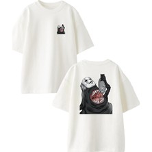 Nmg Tekstil Beyaz Oversize Pamuk Fok Balığı Balık Yiyen Ön Arka Baskılı Örme T-Shirt