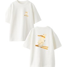Nmg Tekstil Beyaz Oversize Pamuk Kayak Yapan Kutup Ayısı Ön Arka Baskılı Örme T-Shirt