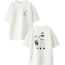 Nmg Tekstil Beyaz Oversize Pamuk Kaykaycı Genç Anime Ön Arka Baskılı Örme T-Shirt