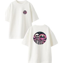Nmg Tekstil Beyaz Oversize Pamuk Kurukafa Pembe Ufo Ön Arka Baskılı Örme T-Shirt