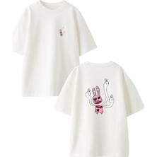 Nmg Tekstil Beyaz Oversize Pamuk Oyuncak Tavşan Ön Arka Baskılı Örme T-Shirt