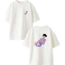 Nmg Tekstil Beyaz Oversize Pamuk Telefonla Yatan Kız Ön Arka Baskılı Örme T-Shirt