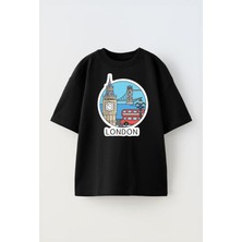 Nmg Tekstil Siyah Oversize Pamuk Londra Kule Köprüsü Baskılı Örme T-Shirt