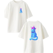Nmg Tekstil Beyaz Oversize Pamuk Mor Kedi Taç Ön Arka Baskılı Örme T-Shirt
