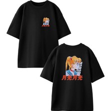 Nmg Tekstil Siyah Oversize Pamuk Pokemon Sarı Saçlı Ön Arka Baskılı Örme T-Shirt