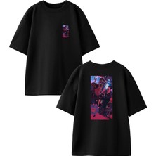 Nmg Tekstil Siyah Oversize Pamuk Ufolu Parti Ön Arka Baskılı Örme T-Shirt