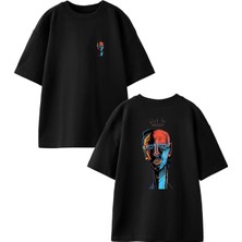Nmg Tekstil Siyah Oversize Pamuk Renkli Yüz Eski Çağ Ön Arka Baskılı Örme T-Shirt