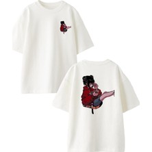 Nmg Tekstil Beyaz Oversize Pamuk Anime Kadın Ayak Ön Arka Baskılı Örme T-Shirt