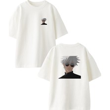 Nmg Tekstil Beyaz Oversize Pamuk Beyaz Saçlı Anime Ön Arka Baskılı Örme T-Shirt