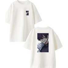 Nmg Tekstil Beyaz Oversize Pamuk Hayalet Anime Genç Ön Arka Baskılı Örme T-Shirt