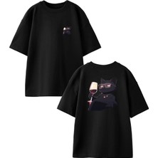 Nmg Tekstil Siyah Oversize Pamuk Zengin Siyah Kedi Ön Arka Baskılı Örme T-Shirt