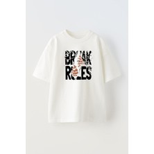 Nmg Tekstil Beyaz Oversize Pamuk Break Rules Baskılı Örme T-Shirt