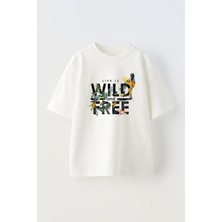 Nmg Tekstil Beyaz Oversize Pamuk Wild Free Papağan Baskılı Örme T-Shirt