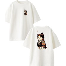 Nmg Tekstil Beyaz Oversize Pamuk Sumo Kedi Ön Arka Baskılı Örme T-Shirt