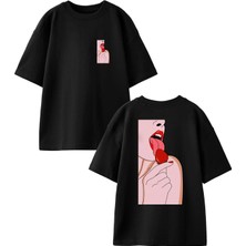 Nmg Tekstil Siyah Oversize Pamuk Çilek Kadın Yemek Ön Arka Baskılı Örme T-Shirt