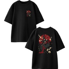 Nmg Tekstil Siyah Oversize Pamuk Japon Poster Kuşlar Ön Arka Baskılı Örme T-Shirt
