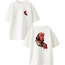 Nmg Tekstil Beyaz Oversize Pamuk Kırmızı Drakula Ön Arka Baskılı Örme T-Shirt