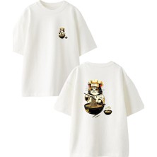 Nmg Tekstil Beyaz Oversize Pamuk Sushi Yapan Kedi Ön Arka Baskılı Örme T-Shirt