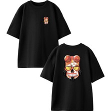 Nmg Tekstil Siyah Oversize Pamuk Şeytan Kuru Kafa Sosis Ön Arka Baskılı Örme T-Shirt