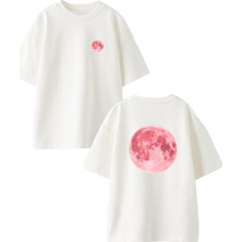 Nmg Tekstil Beyaz Oversize Pamuk Dolunay Manzara Ön Arka Baskılı Örme T-Shirt