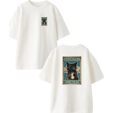 Nmg Tekstil Beyaz Oversize Pamuk Dont Tell Me Cat Ön Arka Baskılı Örme T-Shirt