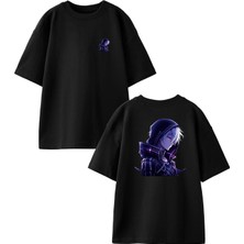 Nmg Tekstil Siyah Oversize Pamuk Kapşunlu Japon Anime Ön Arka Baskılı Örme T-Shirt