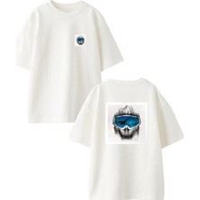Nmg Tekstil Beyaz Oversize Pamuk Buzul Dağ Yüzücü Ön Arka Baskılı Örme T-Shirt