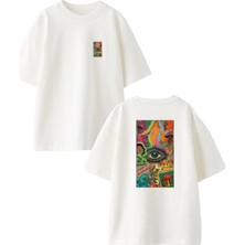 Nmg Tekstil Beyaz Oversize Pamuk Kadın Göz Kleopatra Ön Arka Baskılı Örme T-Shirt