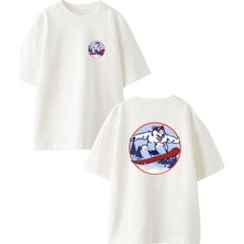 Nmg Tekstil Beyaz Oversize Pamuk Snowboard Ayı Ön Arka Baskılı Örme T-Shirt