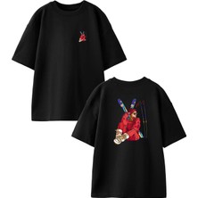 Nmg Tekstil Siyah Oversize Pamuk Kayak Takımlı Kadın Ön Arka Baskılı Örme T-Shirt