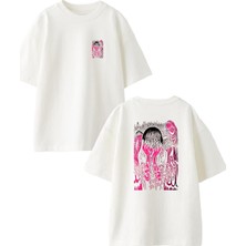 Nmg Tekstil Beyaz Oversize Pamuk Pembe Japon Poster Ön Arka Baskılı Örme T-Shirt